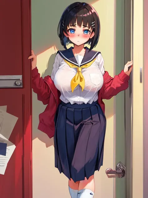 masterpiece, best quality, <lora:kirigayaSuguhaLoraBy_suguhaV10:0.7>, zodiac_suguha, large breasts, blush, school uniform, 1girl, short hair