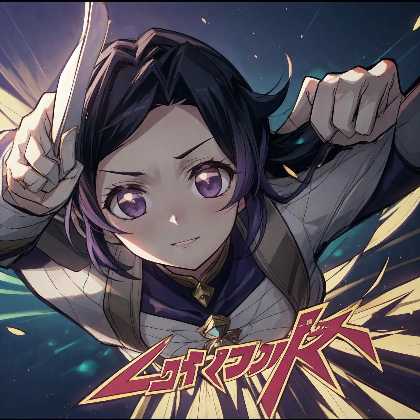 (Ultraman_Rise:1.5),(tokusatsu:1.3),(clenched hand:1.4),flying,fist,sky,from above,(tokusatsu:1.5),<lora:Ultraman_Rise_v2-000005:0.65>, <lora:è´è¶å¿KochouShinobuV1:1> (kochou shinobu:1.75), (1girl:1.3), purple hair,