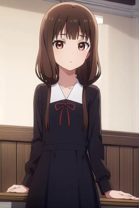mikoiino, <lora:miko iino s3-lora-nochekaiser:1>,
miko iino, blunt bangs, (brown eyes:1.5), brown hair, hair tie, long hair, low twintails, red ribbon, ribbon, twintails,
BREAK (long sleeves:1.2), dress, ribbon, school uniform, collarbone, (black dress:1.2), sailor collar, white sailor collar, red ribbon, neck ribbon, shuuchiin academy school uniform, armband,
BREAK indoors, classroom,
BREAK looking at viewer, (cowboy shot:1.5),
BREAK <lyco:GoodHands-beta2:1>, (masterpiece:1.2), best quality, high resolution, unity 8k wallpaper, (illustration:0.8), (beautiful detailed eyes:1.6), extremely detailed face, perfect lighting, extremely detailed CG, (perfect hands, perfect anatomy),