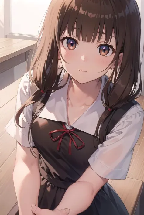 mikoiino, <lora:mikoiinotest:1>,
miko iino, blunt bangs, (brown eyes:1.5), brown hair, hair tie, long hair, low twintails, red ribbon, ribbon, twintails, (small breast:1.2),
BREAK black dress, dress, pinafore dress, school uniform, shirt, short sleeves, shuuchiin academy school uniform, white shirt, armband,
BREAK looking at viewer,
BREAK indoors, classroom,
BREAK <lora:GoodHands-vanilla:1>, (masterpiece:1.2), best quality, high resolution, unity 8k wallpaper, (illustration:0.8), (beautiful detailed eyes:1.6), extremely detailed face, perfect lighting, extremely detailed CG, (perfect hands, perfect anatomy),