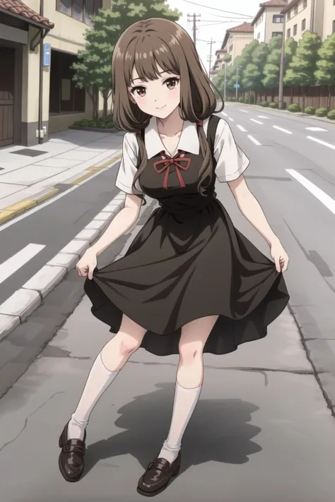 asterpiece, best quality, highly detailed, ultra-detailed, masterpiece,1girl, cute, shiny skin, embarrassed, miko iino, blunt bangs, (brown eyes:1.5), medium breasts, brown hair, hair tie, long hair, low twintails, red ribbon, ribbon, twintails, <lora:mikoiinotest:1>, black dress, dress, pinafore dress, school uniform, shirt, short sleeves, shuuchiin academy school uniform, white shirt, armband, smile, (full body:1.3), <lyco:alpha91_locon-000004:1>, street