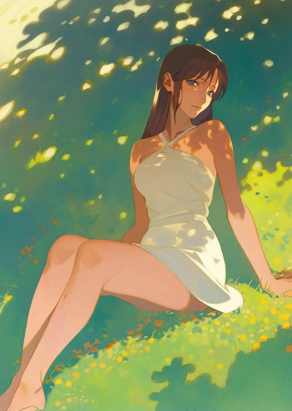 by reiko, by oda non
1girl, beautiful eyes , bangs,
sitting on the grass
sunlight and leaf creates beautiful intertwine of light and shadows
masterpiece, best quality, high quality,