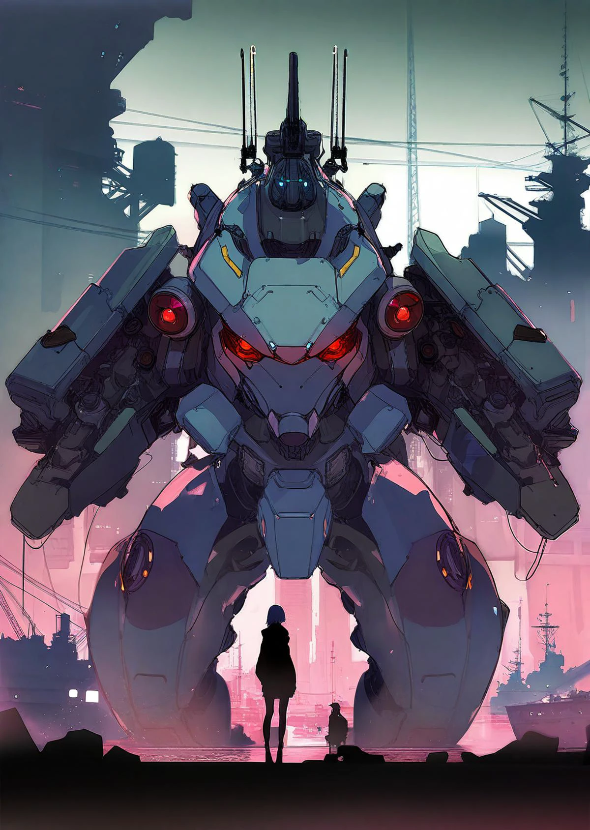 by ask by oda non
by Benedick Bana , moebius,
cowboy shot,
1 girl , detailed face
with a mecha robot in the background,
perspective, wide shot on a battleship
detailed background
, cyberpunk, dark, dystopia, industrial, , science-fiction key visual, vibrant,
masterpiece, best quality, high quality, highres, absurdres, ,
