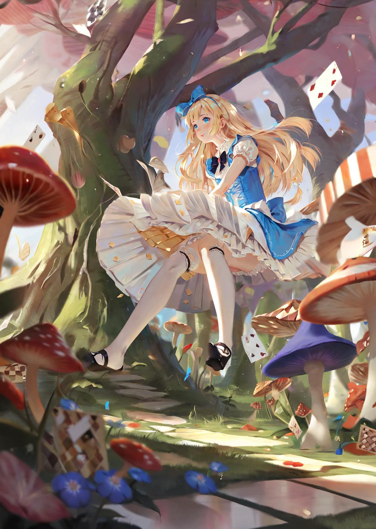 , by 7nu ,by ajimita,
by yogisya
1 girl, alice \(alice in wonderland\), dutch angle,
Alice in Wonderland, blonde stocking sit in the air
bokeh, depth of field,
masterpiece, best quality, high quality,