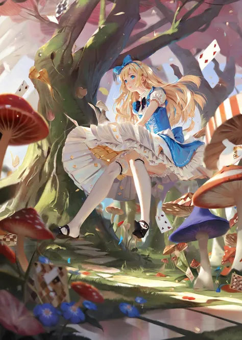 , by 7nu ,by ajimita,  
 by yogisya
1 girl, alice \(alice in wonderland\),   dutch angle, 
Alice in Wonderland, blonde   stocking sit  in the air 
bokeh, depth of field, 
masterpiece, best quality, high quality,