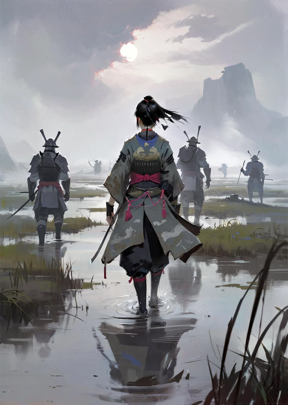 by dino , by 7nu ,by ajimita
1girl,
beautiful japanese woman in fantasy samurai armor, trudging through misty swamp in middle of multiple army battlefield, marshlands, foggy, cloudy, wearing surcoat with family arms embroidered on it, many samurai fighting in background,
masterpiece, best quality, high quality,