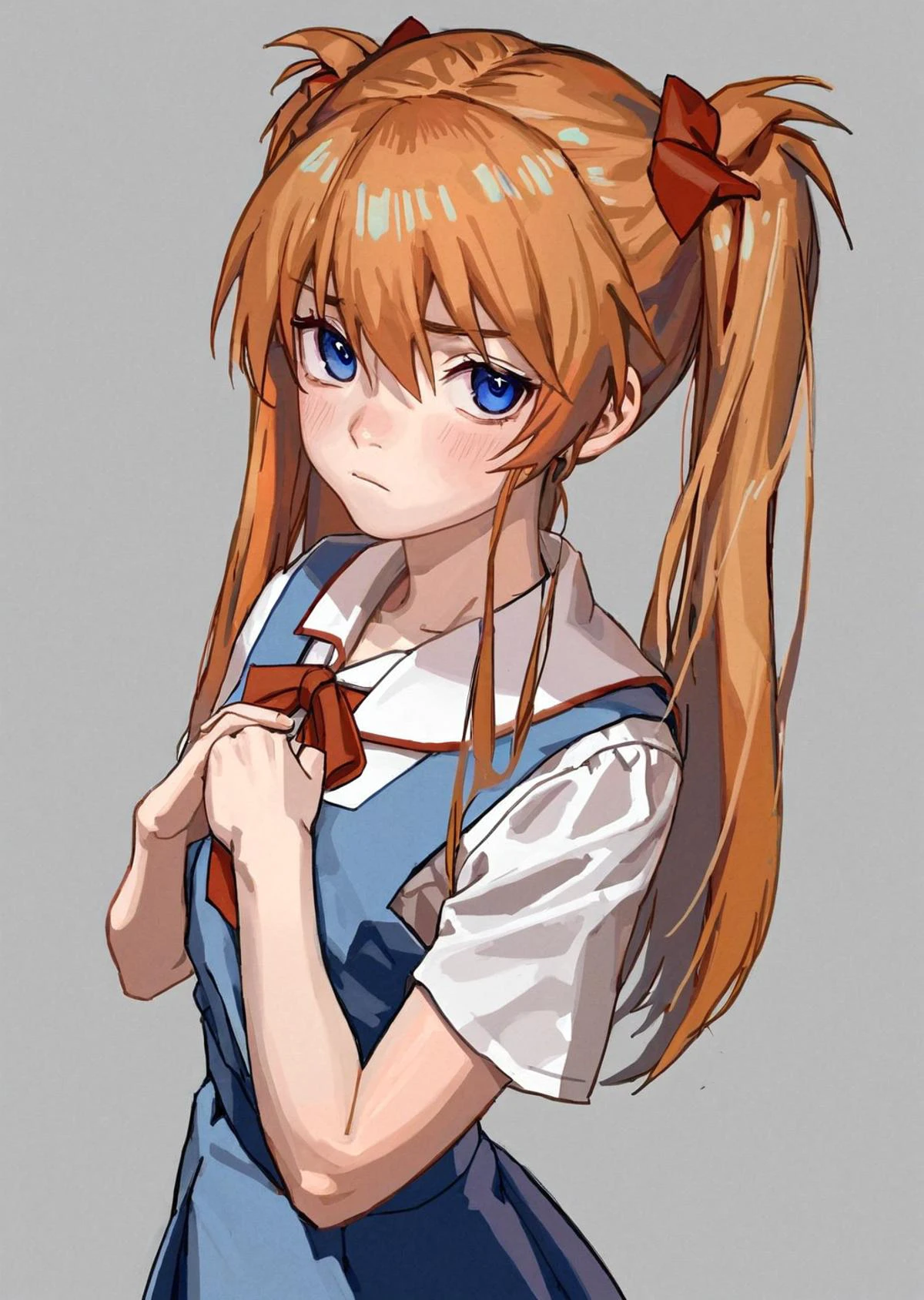 by Solipsist,
1girl, souryuu asuka langley, solo, long hair, school uniform, blue eyes, white background, ribbon, shirt, simple background, own hands together, orange hair, short sleeves, skirt, red ribbon, neck ribbon, white shirt, bangs, hair between eyes, looking at viewer, tokyo-3 middle school uniform, closed mouth, two side up, hair ornament, suspender skirt, suspenders, traditional media, cowboy shot, blue skirt,