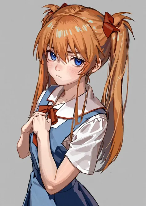 by Solipsist,  
1girl, souryuu asuka langley, solo, long hair, school uniform, blue eyes, white background, ribbon, shirt, simple background, own hands together, orange hair, short sleeves, skirt, red ribbon, neck ribbon, white shirt, bangs, hair between eyes, looking at viewer, tokyo-3 middle school uniform, closed mouth, two side up, hair ornament, suspender skirt, suspenders, traditional media, cowboy shot, blue skirt,