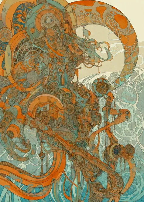 by tsubonari, by demizu posuka
1girl
substantial futuristic-biomechanical cyberpunk aesthetics. Emphasize intricate details,
Blend Art Nouveau elements with sleek, organic forms, long, sinuous lines
