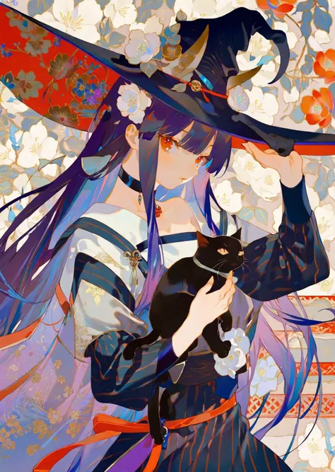 by reiko, by tsubonari, 
 best quality, 1girl, solo,  , floral background, holding  black cat, parted lips, oni horns, red eyes, long hair, purple hair, bangs, witch hat, dress, long sleeves, black headwear, white cat, choker, white flower