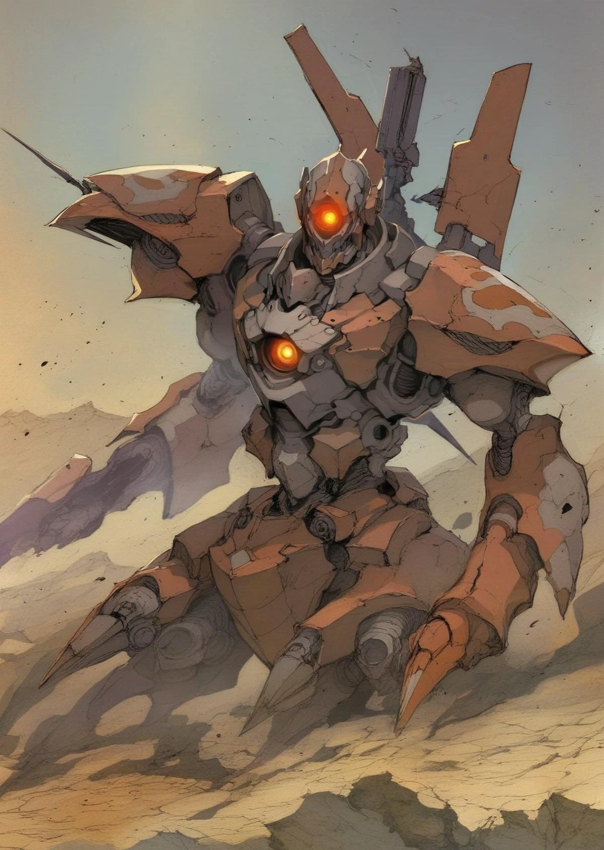 by demizu posuka, by krenz
by John Berkey
giant robot
mecha
rusty armor
damaged
glowing eyes
battlefield
dark shadow, drop shadow, shaded face,
beautiful, aesthetic, detailed, beautiful color amazing quality, best quality, high quality