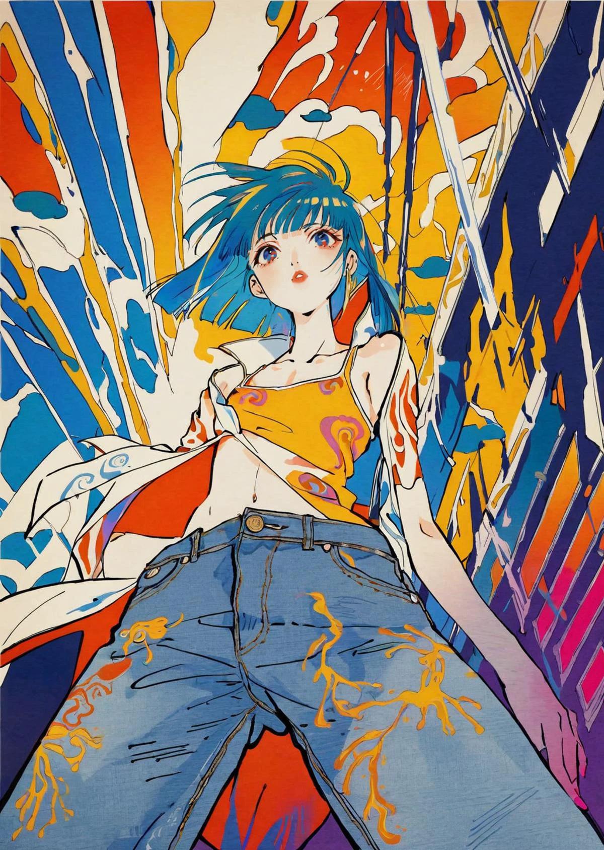 by tsubonari,
1girl, solo,
bangs
jeans
collarbone,
bright, high contrast
from below
best quality,