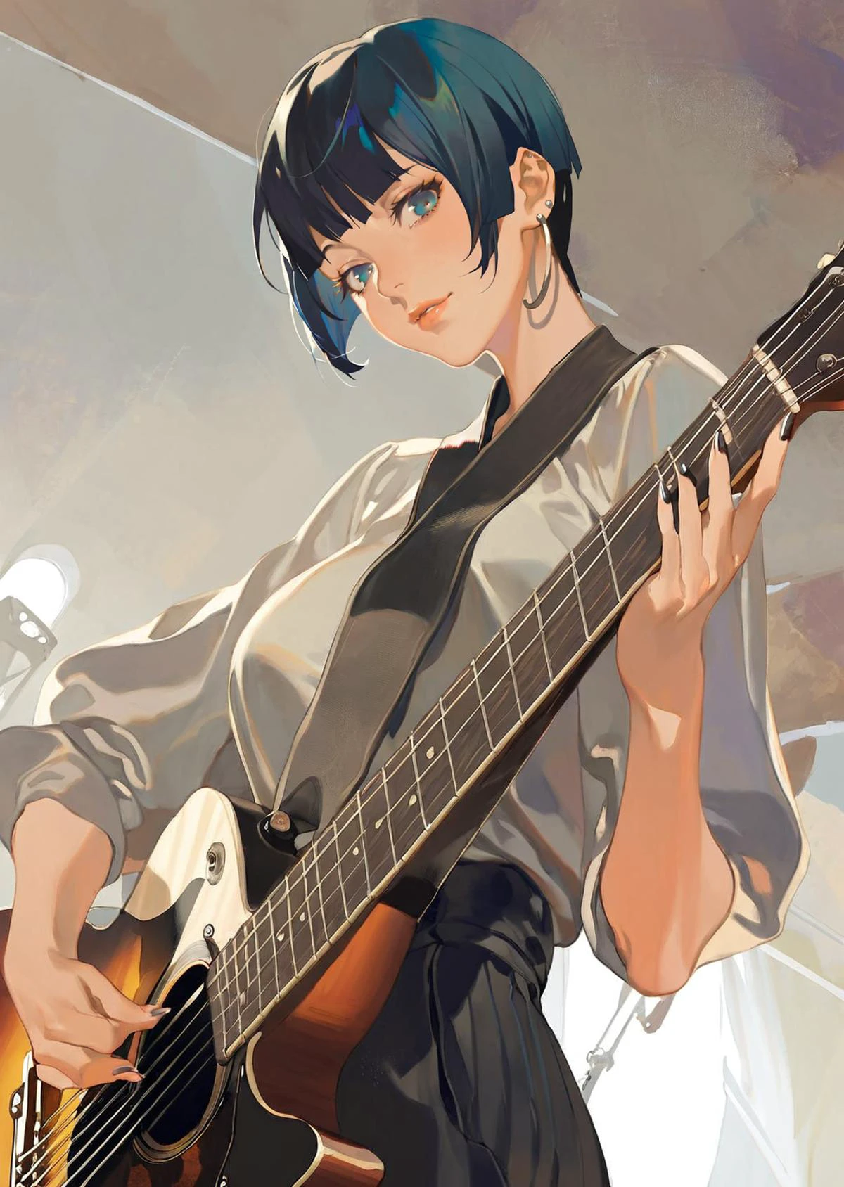 by reiko, by oda non
1 girl, playing guitar,
dutch angle,
short hair, pixie cut, black hair, large ear rings
masterpiece, best quality, high quality,