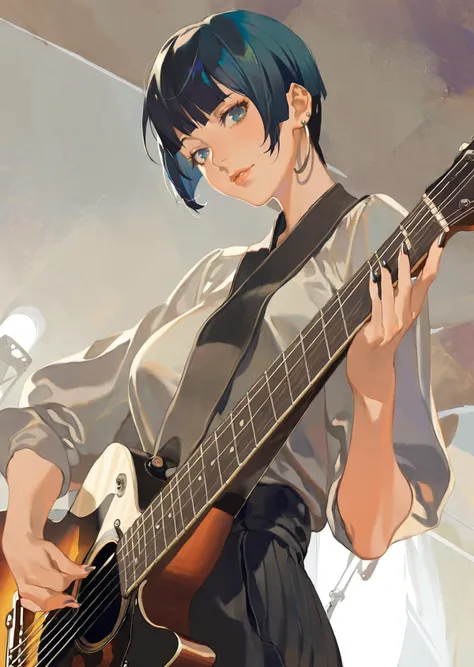 by reiko, by oda non
1 girl, playing guitar,
dutch angle,
  short hair, pixie cut,  black hair, large ear rings
masterpiece, best quality, high quality,