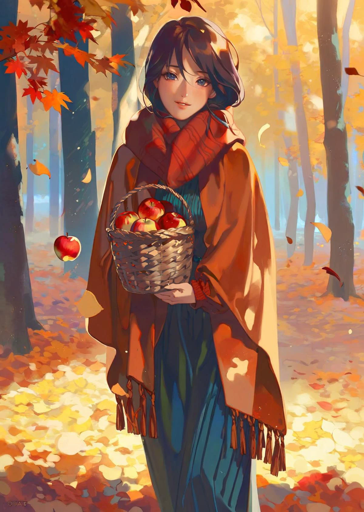 by reiko, by oda non
1 girl , depth of field, bokeh, rim light, dramatic lighting
autumn scene where a young girl stands in a picturesque forest. The trees are ablaze with vibrant shades of red, orange, and gold, their leaves falling gently to the ground. The girl, bundled up in cozy fall attire, holds a basket filled with apples, and a warm smile graces her face as she takes in the breathtaking beauty of the season
masterpiece, best quality, high quality,