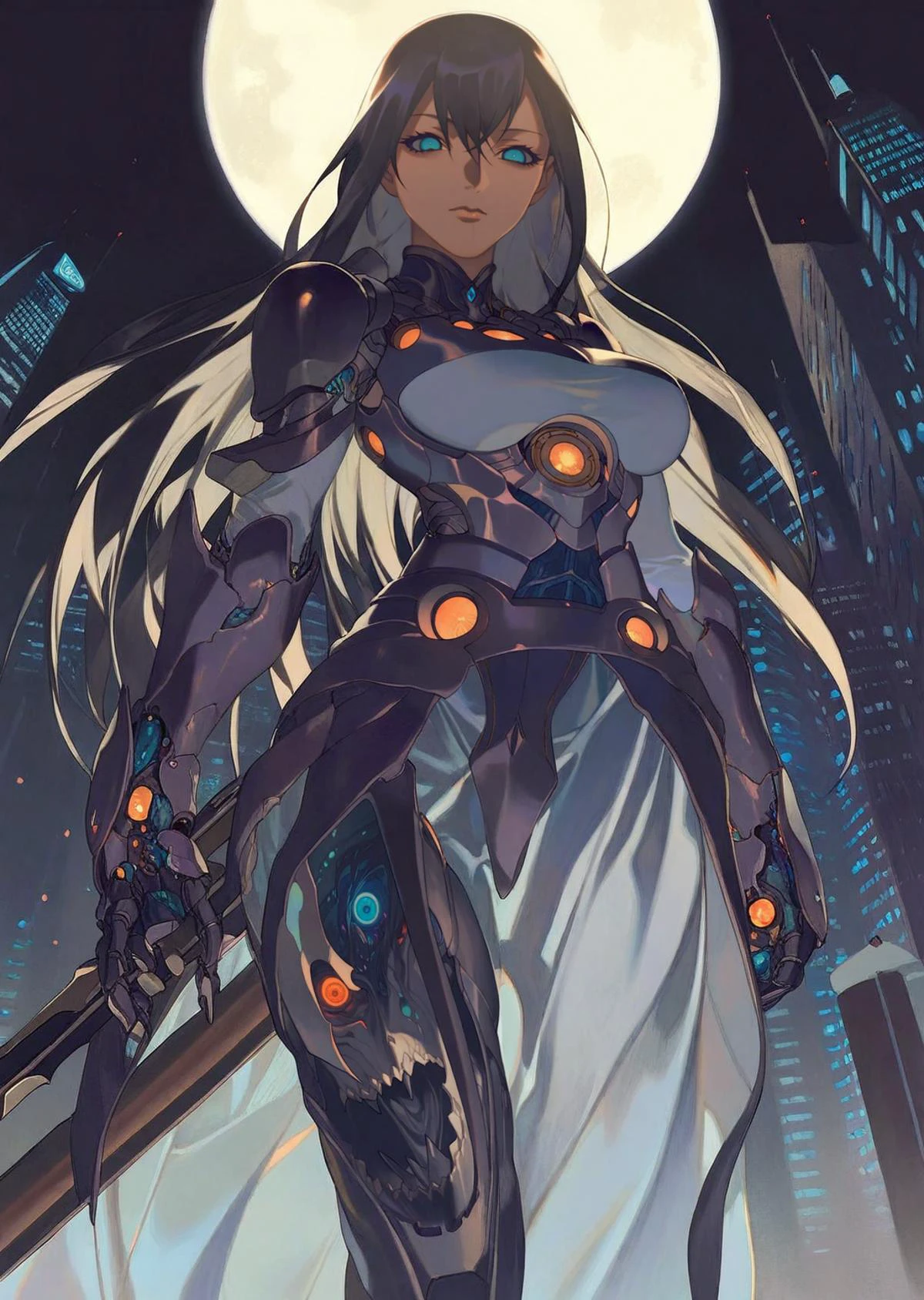 by reiko, by oda non
1girl, beautiful eyes , bangs,
retro futuristic 1girl, armor, , glowing gems, dark shadows, horror, night, moonlight perspective from below
beautiful intertwine of light and shadows
masterpiece, best quality, high quality,