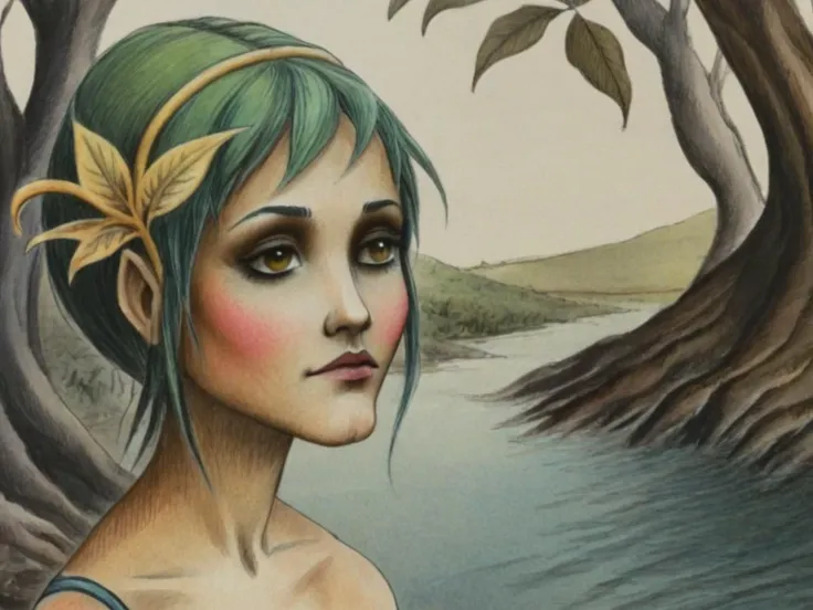 2d retro illustration, watercolor, pencil crayon, dryad and Mystic River Delta with faster-than-light travel and Sulphur Springs  
 simple face detail <lora:Fantastic_Planet_XL01:1.0>