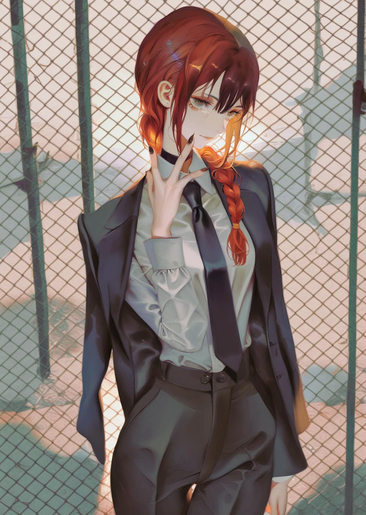 by yogisya,
by ask
1girl, makima \(chainsaw man\), chainsaw man, black jacket, black necktie, black pants, braid, business suit, fingernails, formal, hand on own chin, jacket on shoulders, light smile, long sleeves, medium breasts, office lady, smile, solo, suit, upper body, white shirt, outdoors
looking away
tears
tied
black choker,
chain-link fence,
torn clothes
thighhighs,
chromatic aberration
aesthetic,
beautiful color, (amazing quality:1.5),