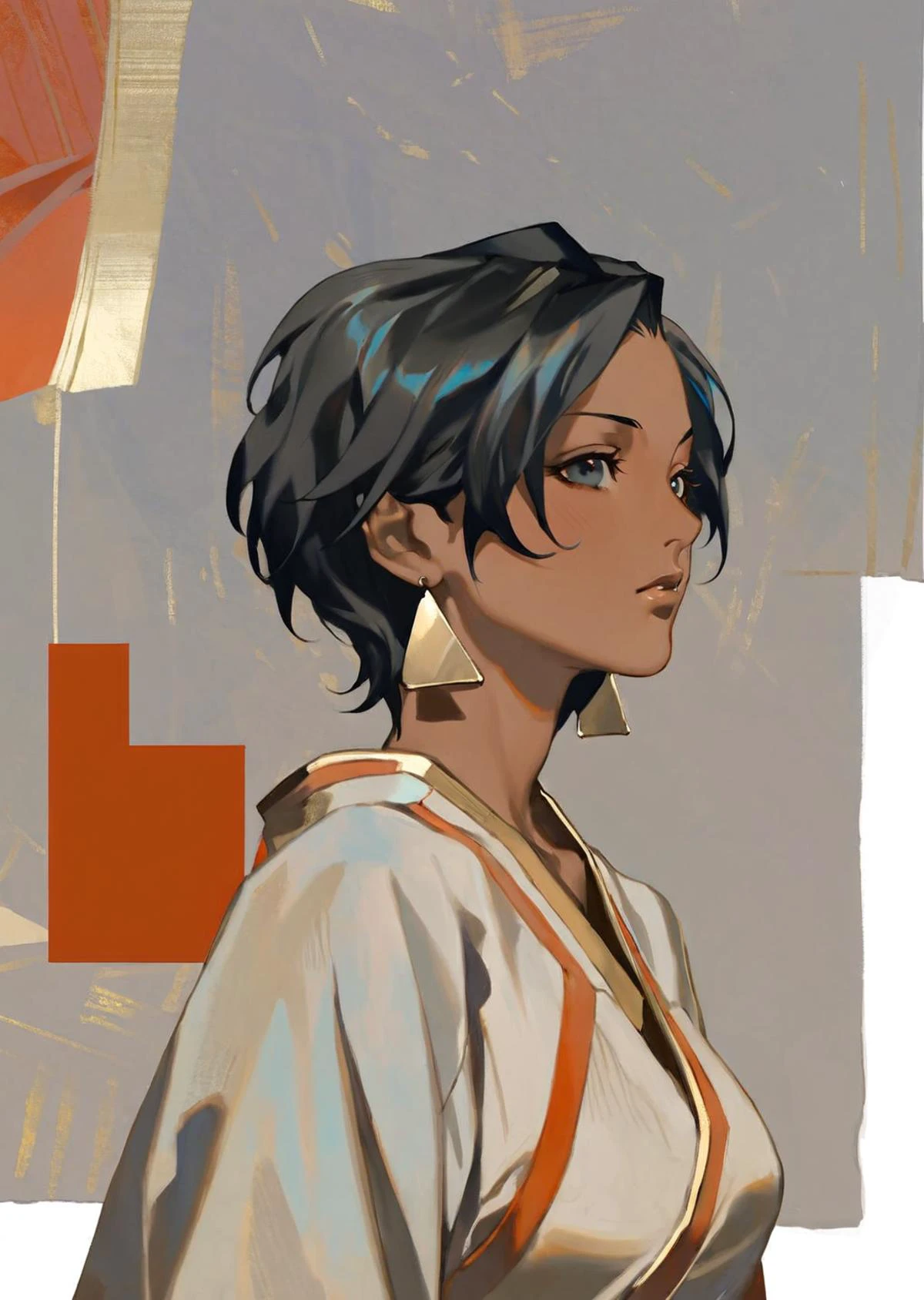 by reiko, by oda non
1 girl, dark skin, short hair, black hair, large ear rings
dutch angle,
masterpiece, best quality, high quality,