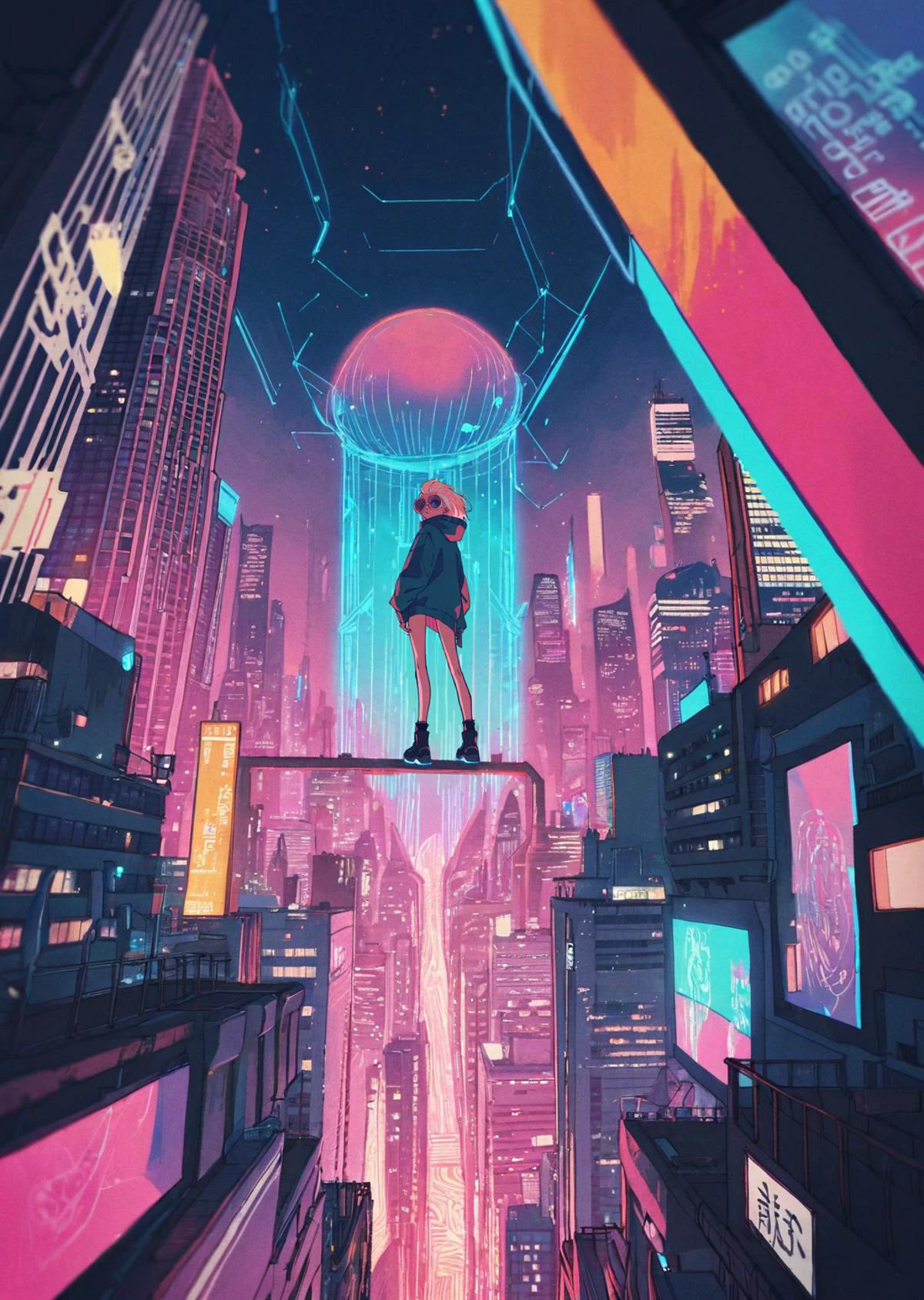 (by tsvbvra),
1girl As the protagonist stands atop the towering skyscraper, a colossal hologram of a girl fills the night sky in the futuristic metropolis. The city's neon glow and illuminated tunnels contrast with the lifelike holographic image, captivating the character with the boundless possibilities of this mesmerizing, AI-enhanced world