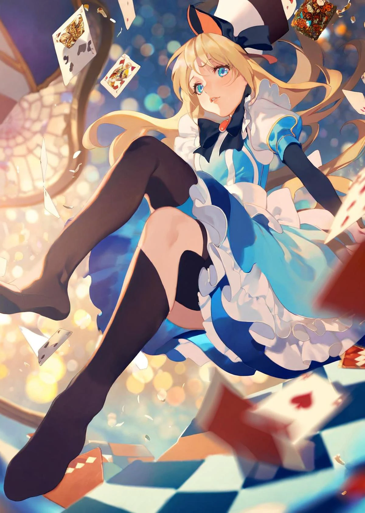 by reiko, by oda non
1 girl, alice \(alice in wonderland\), dutch angle,
Alice in Wonderland, blonde stocking sit in the air
bokeh, depth of field,
masterpiece, best quality, high quality,