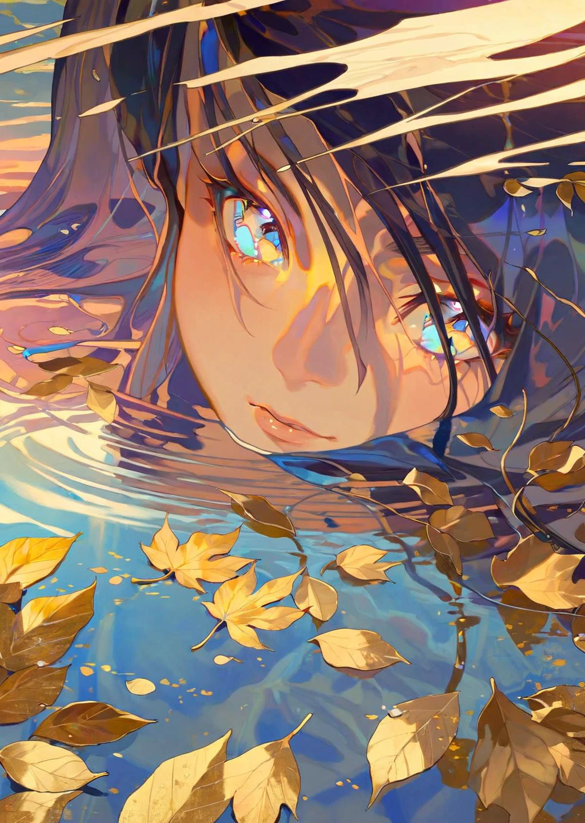 by reiko, by oda non
1girl in a lake. half-sunken, crystal eyes,
close up , perspective
gold leaf
sunset
masterpiece, best quality, high quality,