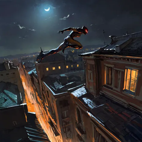 masterpiece, best quality, ultra high res,extreme detailed,colorful,highest detailed,visually stunning, by dino , impasto
the sinister and athletic rogue jumps between the roofs of the city, moonlight,