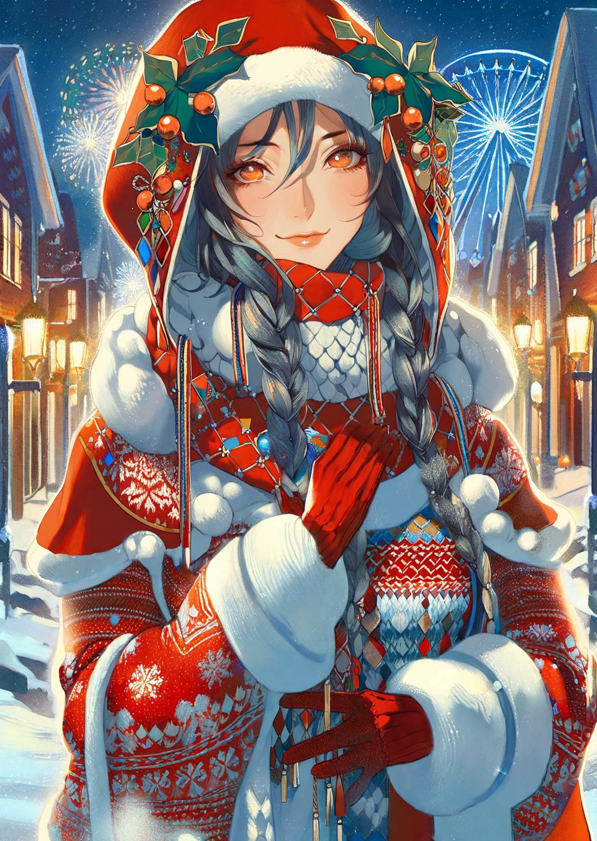 by reiko, by oda non
1girl detailed face a magical winter wonderland at night, an exquisite snow maiden appears, wearing christmassweater, red theme
<lora:SDXLChristmasSweater:0.8>