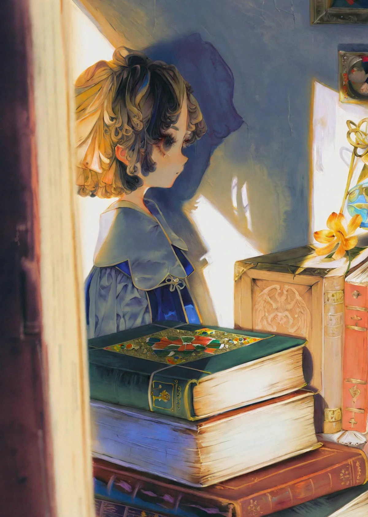 , by yogisya, by rella
1girl,
explores a dimly lit attic filled with old books, casting eerie shadows on the walls. close up
shadows, high contrast, rim light
masterpiece, best quality, high quality, highres, absurdres, very detailed, high resolution, sharp, sharp image, 8k, vivid, colorful, stunning, anime