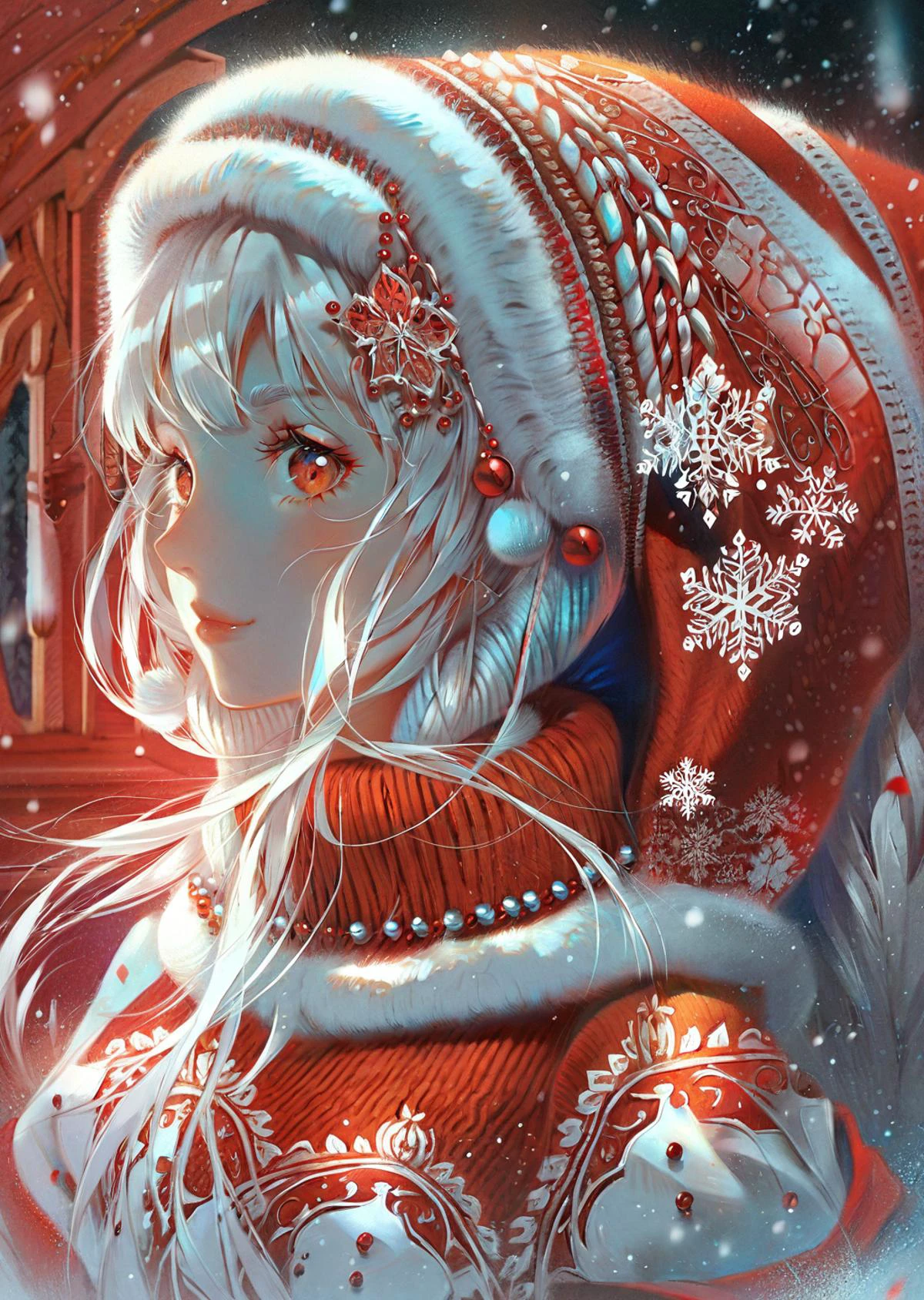 , by 7nu ,by ajimita,
by yogisya
1girl detailed face a magical winter wonderland at night, an exquisite snow maiden appears, wearing christmassweater, red theme
<lora:SDXLChristmasSweater:0.8>