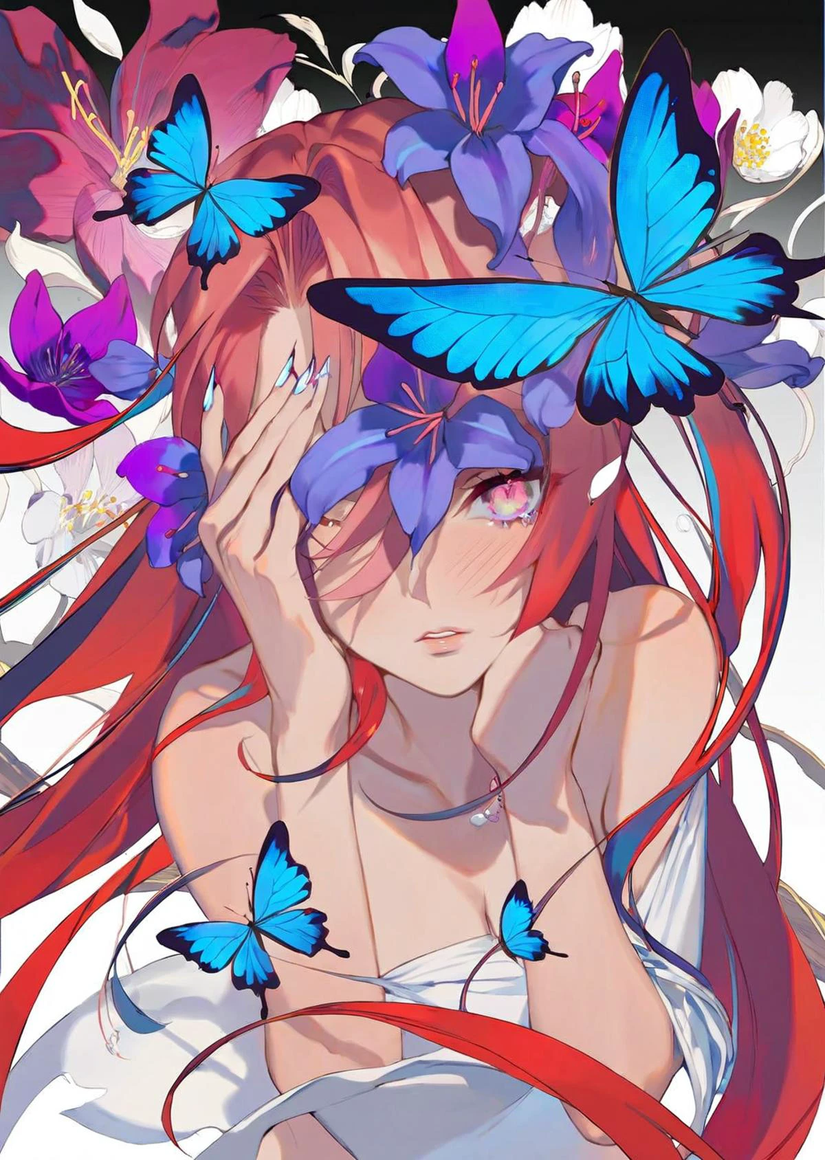 by reiko, by oda non
1girl, solo, upper body, looking at viewer, parted lips,piercing eyes, pink eyes, one eye covered, flower over eye, eyelashes, long hair, pink hair, red hair, floating hair, multicolored hair, hair flower, hair ornament, bangs, breasts, white dress, dress, bare shoulders, fingernails, nail polish, flower, butterfly, bug, blue butterfly, blue flower, red flower, purple flower, strapless, petals
masterpiece, best quality, high quality,
