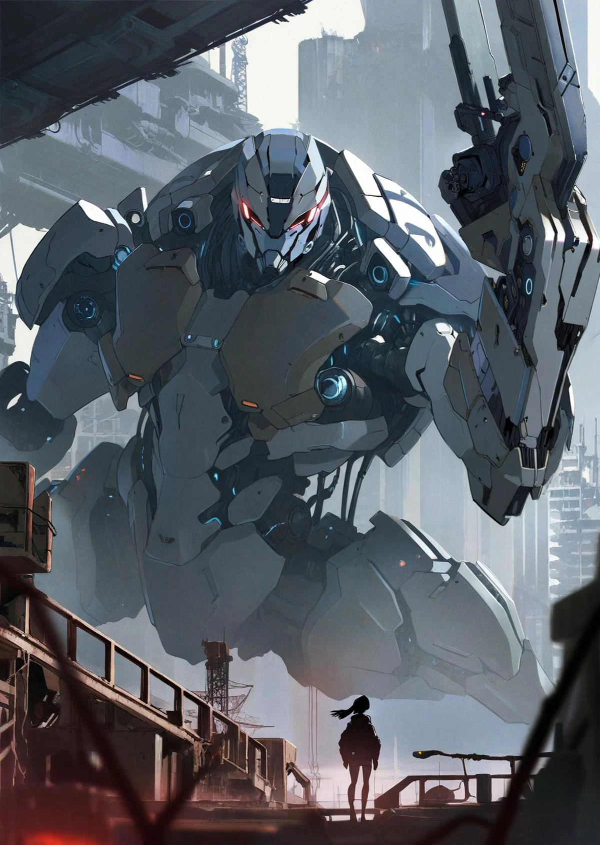 by yoneyama mai , by 7nu
cowboy shot,
1 girl ,
with a mecha robot in the background,
perspective, wide shot on a battleship
detailed background
, cyberpunk, dark, dystopia, industrial, , science-fiction key visual, vibrant,
masterpiece, best quality, high quality, highres, absurdres, ,
