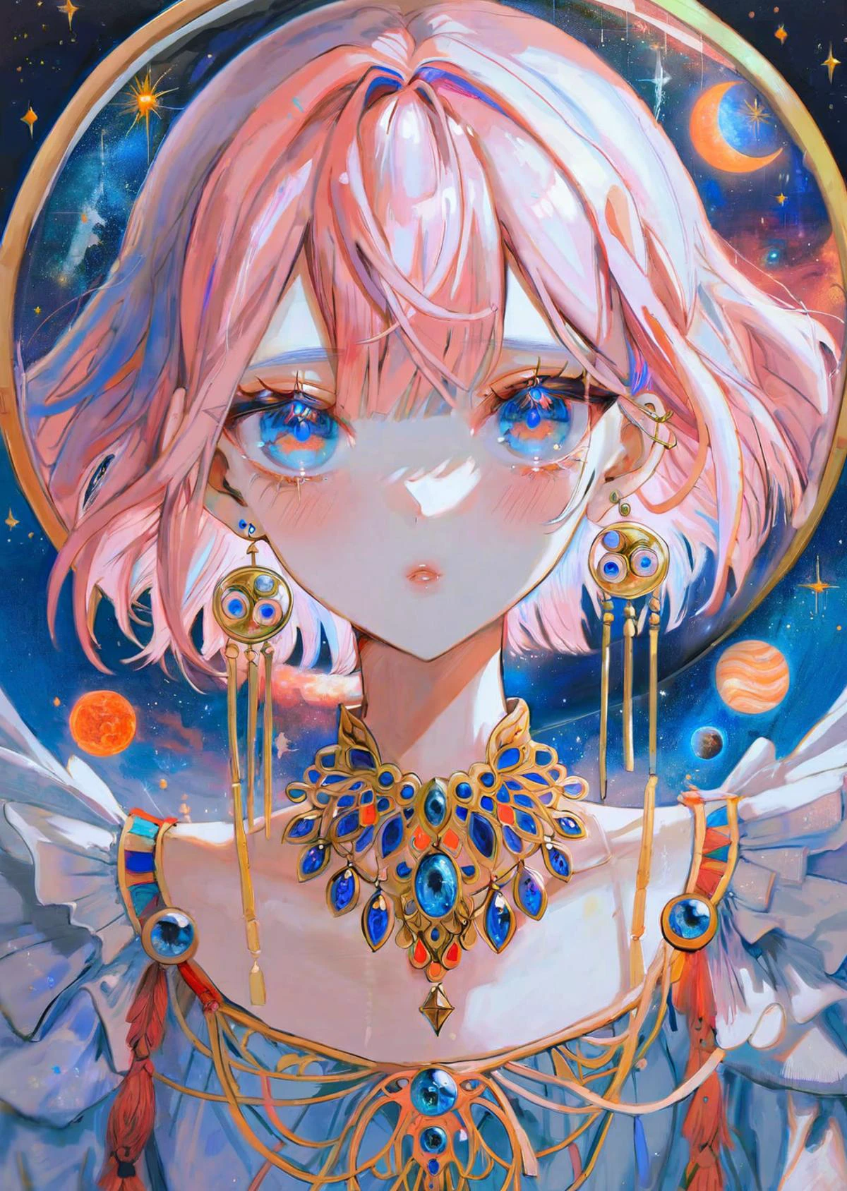 by ziyun by krenz by yogisya
1girl bangs , piercing eyes
blush, flat chest
bangs, hair between eyes, collarbone, earrings,
, universe made of mirror, , insanely detailed and intricate