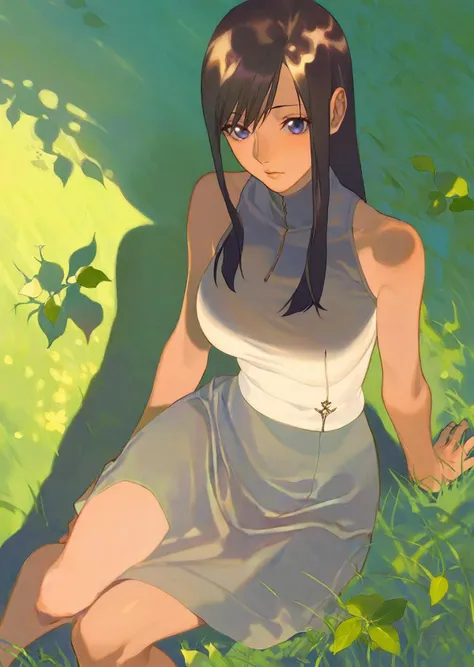 by reiko, by oda non
1girl, beautiful eyes , bangs,
sitting on the grass
sunlight and leaf creates beautiful intertwine of light and shadows
masterpiece, best quality, high quality,