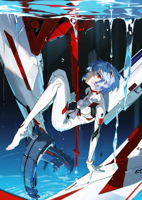 by yoneyama mai , by dino
best quality, masterpiece, detailed, aesthetic,
1girl, solo, blue hair, ayanami rei, red eyes, white suit,
holding legs
floating in the water tank