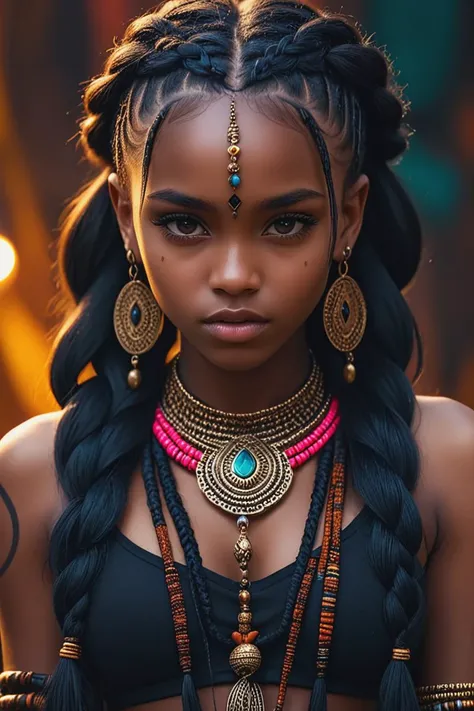 portrait,mesmerizing tribal girl,messy hair black,tantalizing eyes,realistic skin texture,jewelry,HD,(hyperdetailed long african braided dark hair),<lora:add-detail-xl:0.8>,Moody and eclectic,vivid colors,intricate background,