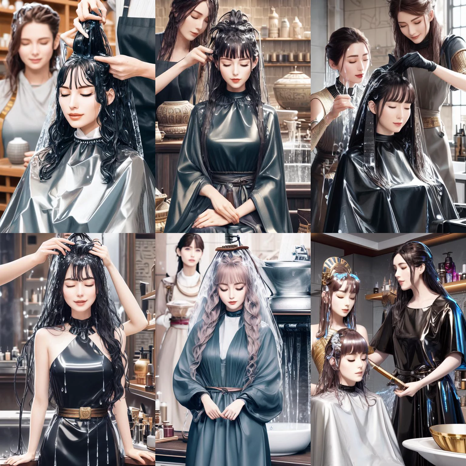 (otherworldly, otherworldly atmosphere, otherworldly appearance), highly insanely detailed, masterpiece, top quality, best quality, highres, 4k, 8k, RAW photo, ((ancient egyptian theme:1.2)),
armored dress,
(((2girl))), (((hair salon))), ((lying on ceramics sink)), ((lather on hair)), ((a apron hairstylist stand behind girl)), shower head, lather on hair, shampoo, transparent cover-up, closed eyes, smile, wet hair, wavy hair, ribbon, high neck, big tits, petite figure proportion, <lora:girllikehairsalon:0.8>, (fantasy world)