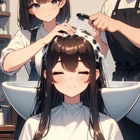 (((masterpiece))), (((best quality))), (((hair salon))), (((a strong boy))),((lying on ceramics sink)), ((lather on hair)), ((a apron hairstylist stand behind girl)), shower head, (((lather on hair))), shampoo, transparent cover-up, closed eyes, smile, wet hair, brown wavy hair, ribbon, high neck, big tits, petite figure proportion, <lora:girllikehairsalon:1>