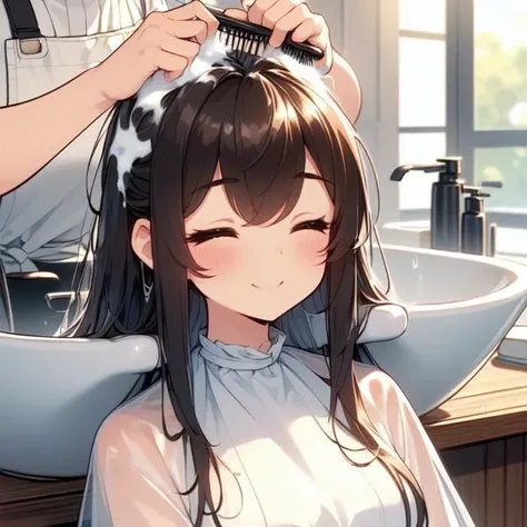 (((masterpiece))), (((best quality))), (((hair salon))), (((a strong boy))),((lying on ceramics sink)), ((lather on hair)), ((a apron hairstylist stand behind girl)), shower head, (((lather on hair))), shampoo, transparent cover-up, closed eyes,  smile, wet hair, brown wavy hair, ribbon, high neck, big tits, petite figure proportion, <lora:girllikehairsalon:1>
