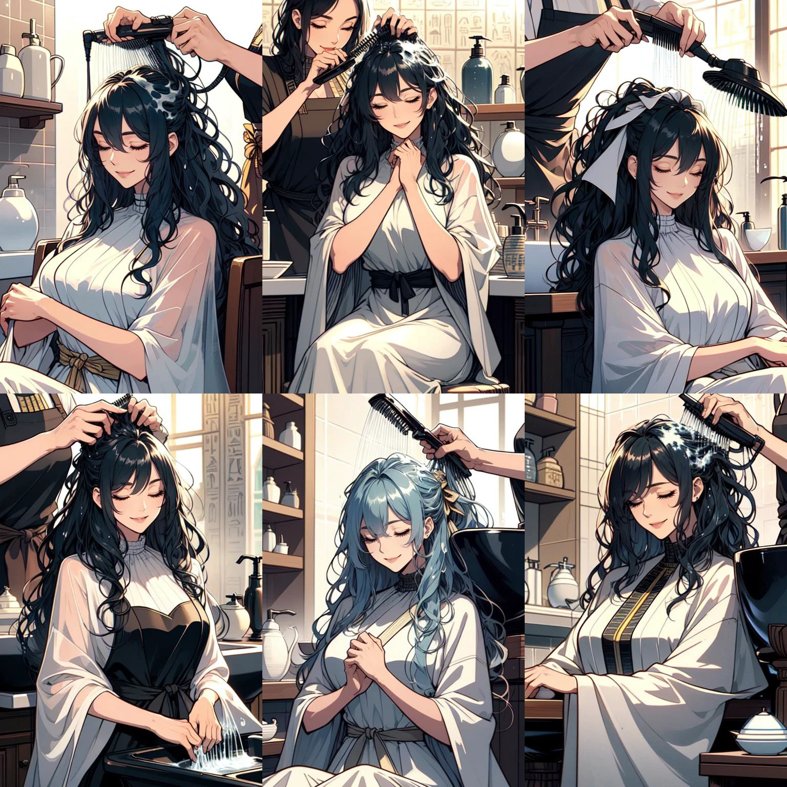 (otherworldly, otherworldly atmosphere, otherworldly appearance), highly insanely detailed, masterpiece, top quality, best quality, highres, 4k, 8k, RAW photo, ((ancient egyptian theme:1.2)),
armored dress,
(((2girl))), (((hair salon))), ((lying on ceramics sink)), ((lather on hair)), ((a apron hairstylist stand behind girl)), shower head, lather on hair, shampoo, transparent cover-up, closed eyes, smile, wet hair, wavy hair, ribbon, high neck, big tits, petite figure proportion, <lora:girllikehairsalon:0.8>, (fantasy world)