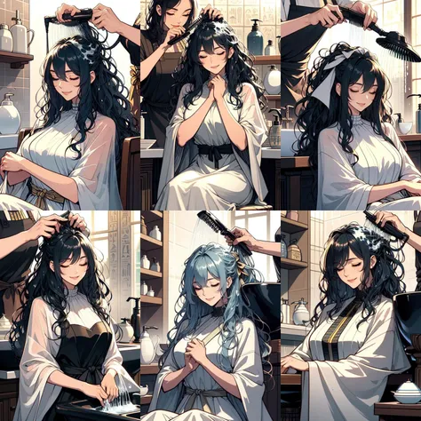 (otherworldly, otherworldly atmosphere, otherworldly appearance), highly insanely detailed, masterpiece, top quality, best quality, highres, 4k, 8k, RAW photo, ((ancient egyptian theme:1.2)),
armored dress,
(((2girl))), (((hair salon))), ((lying on ceramics sink)), ((lather on hair)), ((a apron hairstylist stand behind girl)), shower head, lather on hair, shampoo, transparent cover-up, closed eyes, smile, wet hair, wavy hair, ribbon, high neck, big tits, petite figure proportion, <lora:girllikehairsalon:0.8>, (fantasy world)
