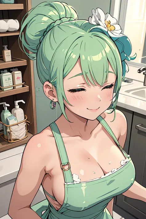 (masterpiece, best quality), 1girl,Pastel Green Faux Hawk Updo with Hair Rings, big breasts,  <lora:girllikehairsalon:1> hair salon, a strong boy, a apron hairstylist stand behind girl, lying on ceramics sink, lather on hair, shower head,  shampoo, transparent cover-up, closed eyes, smile, wet hair