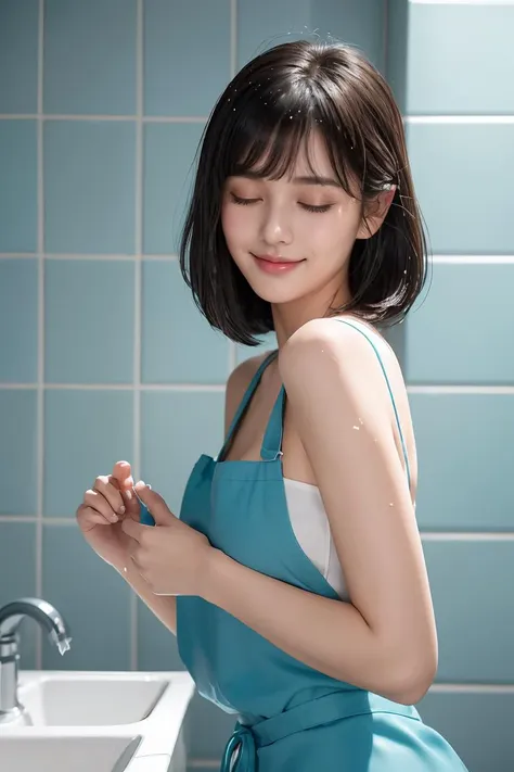 (masterpiece, best quality), 1girl,Teal blue Textured Crop with Side Swept Bangs, Sizes I to L breasts,  <lora:girllikehairsalon:1> hair salon, a strong boy, a apron hairstylist stand behind girl, lying on ceramics sink, lather on hair, shower head,  shampoo, transparent cover-up, closed eyes, smile, wet hair