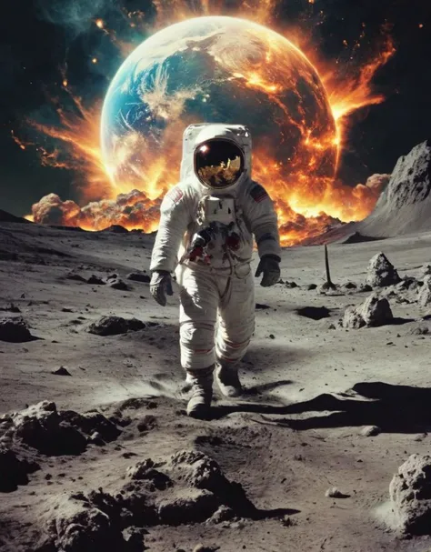 Man walking on the moon, earth exploding in background,