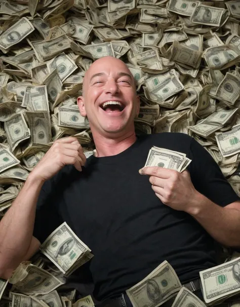 Jeffrey Bezos laying on a pile of money, manically laughing, black tshirt,