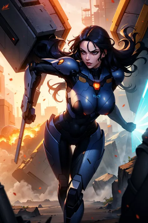 (best quality, masterpiece:1.3), 1girl, solo, long black hair, perfect face, seductive look, detailed science fiction landscape, action pose running, big robots, heavy machinery, soft colors, action scene, cinematic lighting, <lora:CrysisNanosuit:0.1>
