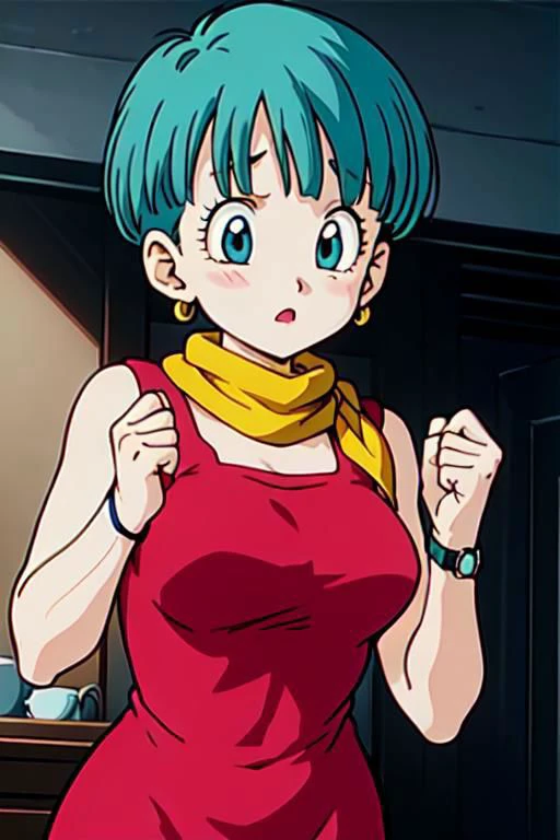 masterpiece, 1080i quality, highest quality, (perfect illumination), (photorealistic), perfect anatomy, perfect face, beautiful eyes, perfect hands,
<lora:bulmadbzreddress_ex_04_galena3ep:0.8> bulmadbzreddress, aqua hair, short hair, blue eyes, earrings, red
dress, yellow scarf, watch, living
room, feeling on body,