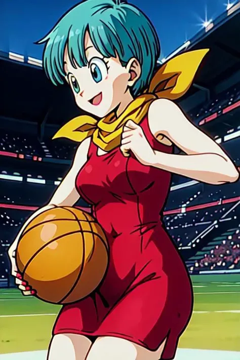 masterpiece, 1080i quality, highest quality, (perfect illumination), (photorealistic), perfect anatomy, perfect face, perfect eyes, perfect hands, perfect fingernails,
 <lora:bulmadbzreddress_ex_04_galena3ep:0.8> bulmadbzreddress, aqua hair, short hair,  blue eyes, earrings,
 red dress, yellow scarf, basketball court, dribbling, smiling