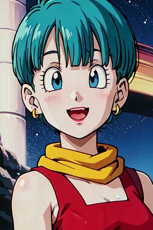 masterpiece, best quality, highest quality, (perfect illumination), (photorealistic), perfect anatomy, perfect face, perfect eyes,
<lora:bulmadbzreddress_ex_04_galena3ep:0.8> bulmadbzreddress, aqua hair, short hair, blue eyes, earrings, red dress, yellow scarf, beautiful night, sitting down gazing at stars smiling
