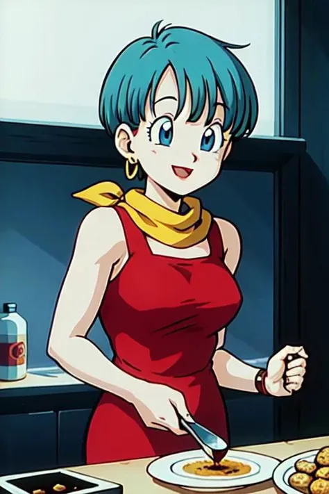masterpiece, 1080i quality, highest quality, (perfect illumination), (photorealistic), perfect anatomy, perfect face, perfect eyes, perfect hands,
 <lora:bulmadbzreddress_ex_04_galena3ep:0.8> bulmadbzreddress, aqua 
hair, short hair,  blue eyes, earrings, red
 dress, yellow scarf, kitchen, back side, cooking, frying pan, smiling